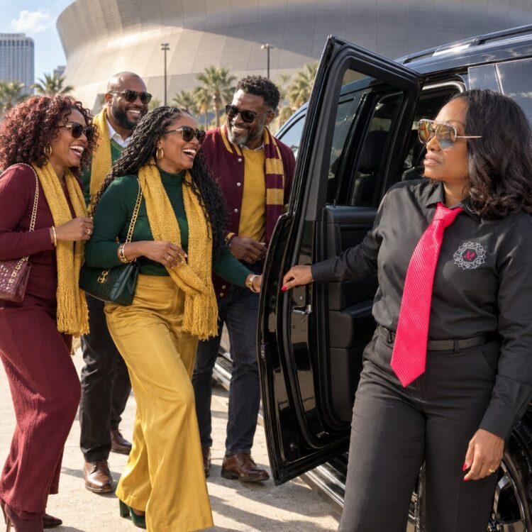 Motorvate chauffeur Monique at the Superdome with Bayou Classic alumni