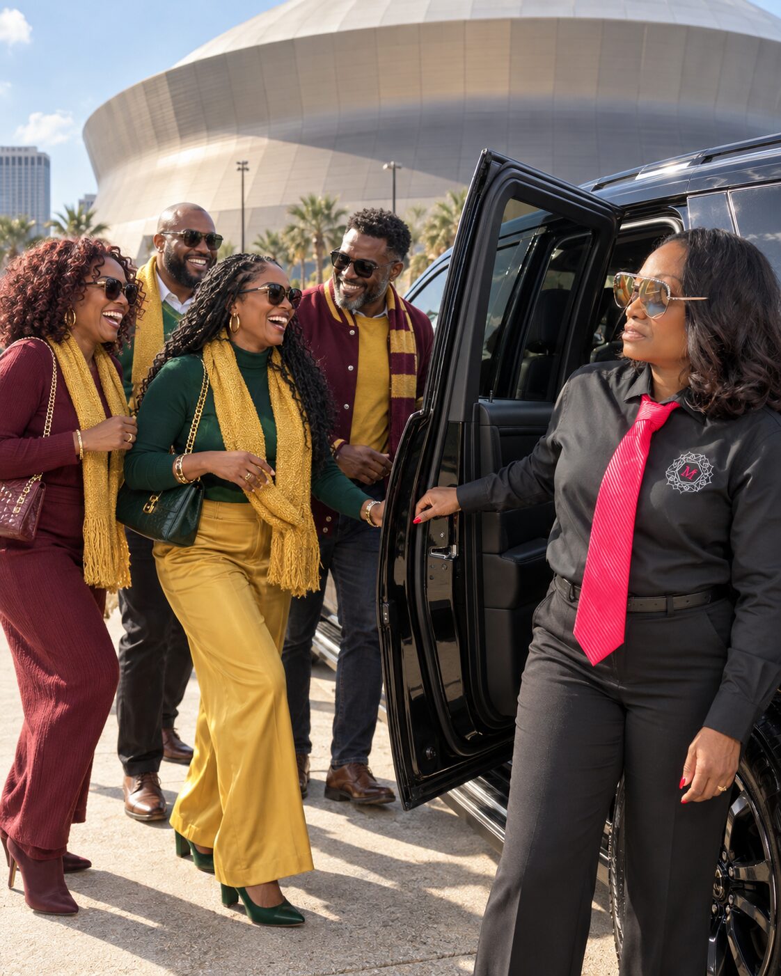 Motorvate chauffeur Monique at the Superdome with Bayou Classic alumni