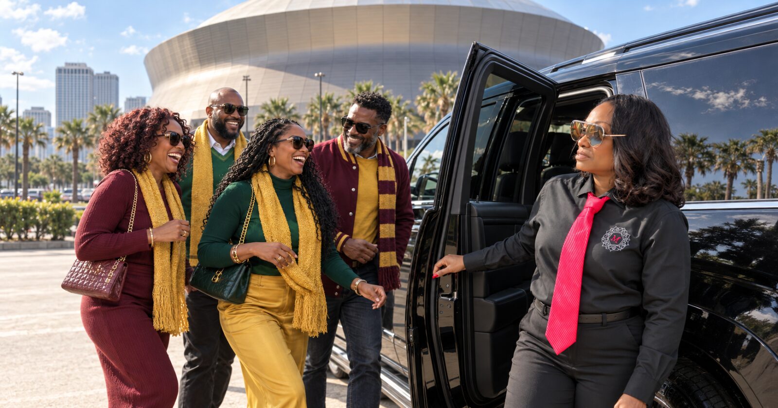 Motorvate chauffeur Monique at the Superdome with Bayou Classic alumni