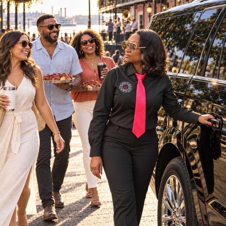 Motorvate chauffeur Monique on Decatur Street with festival guests