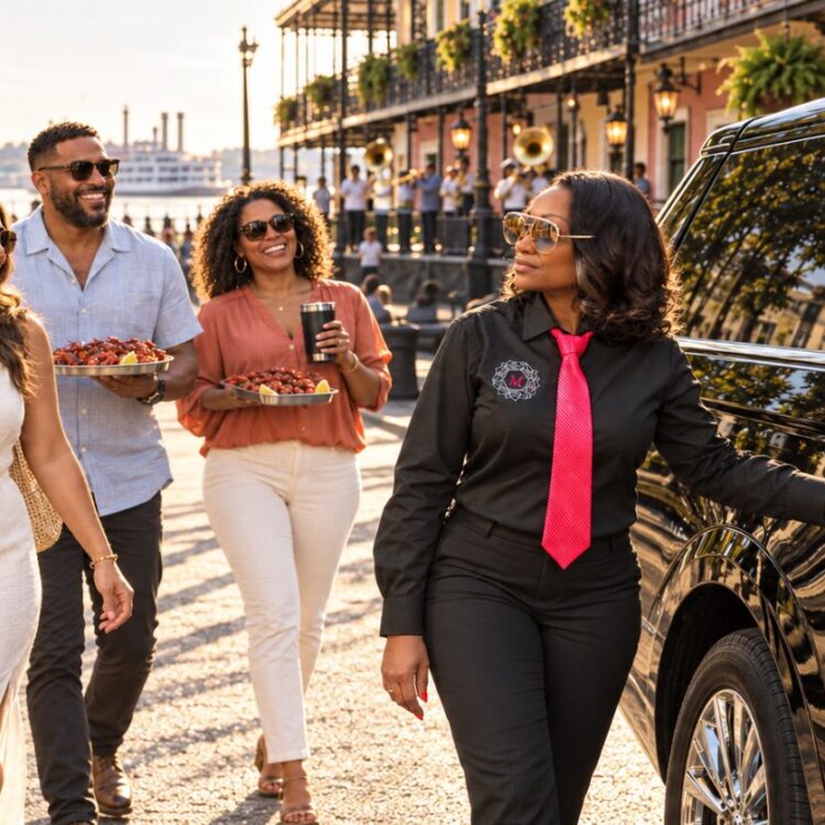 Motorvate chauffeur Monique on Decatur Street with festival guests