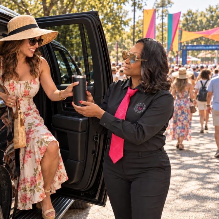 Motorvate chauffeur Monique with a guest at the Expedition outside Jazz Fest