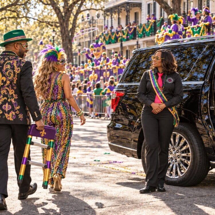 Motorvate chauffeur Monique holding the door on St. Charles Avenue on Mardi Gras Day