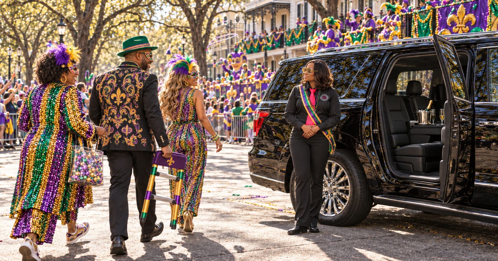 Motorvate chauffeur Monique holding the door on St. Charles Avenue on Mardi Gras Day