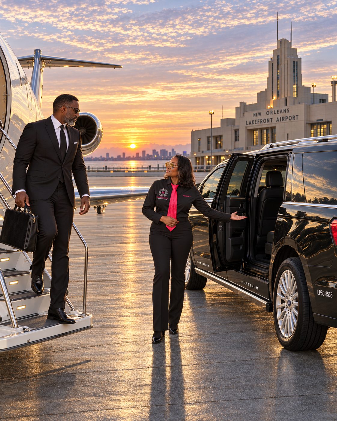 Motorvate chauffeur greeting a client at New Orleans Lakefront Airport at sunset
