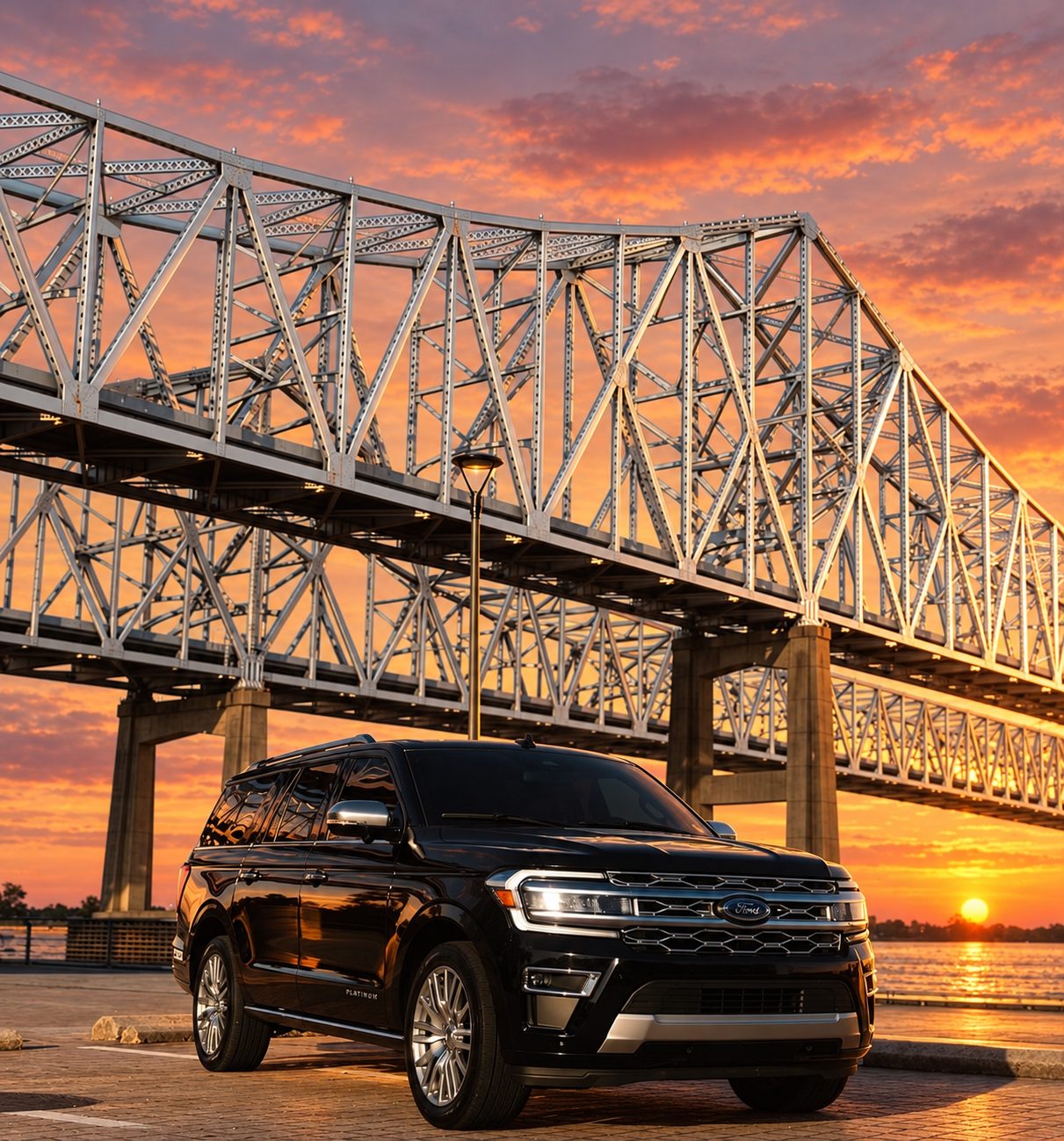 Motorvate black Ford Expedition Platinum at the Crescent City Connection bridge at sunset