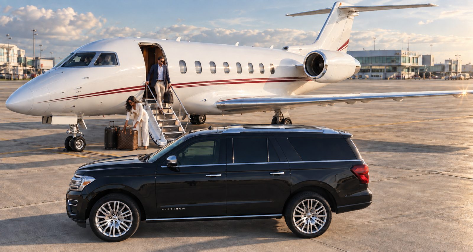 Motorvate Expedition parked beside a private jet