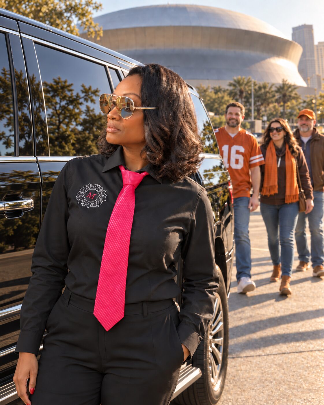Motorvate chauffeur Monique at the Superdome with Browns fans arriving