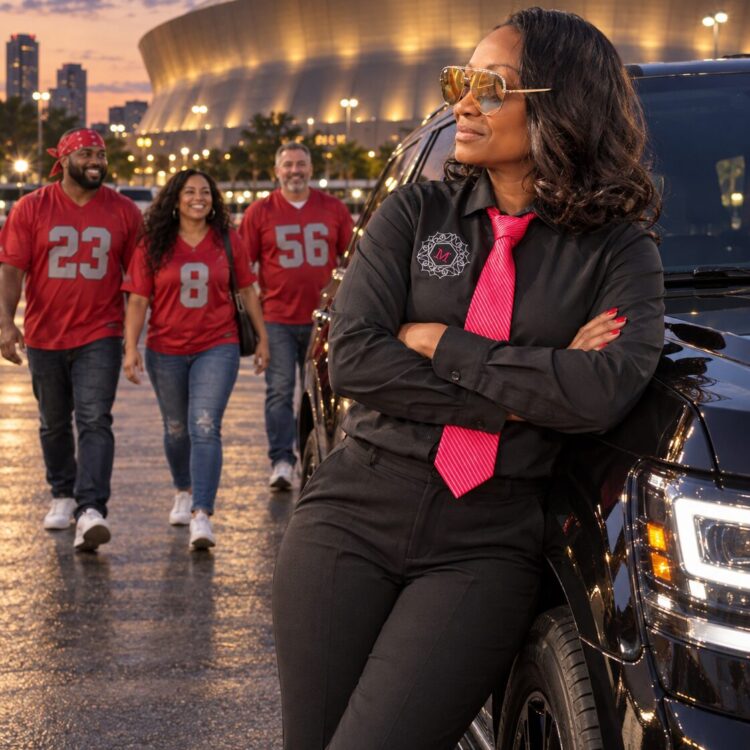 Motorvate chauffeur Monique at the Superdome at dusk with Buccaneers fans