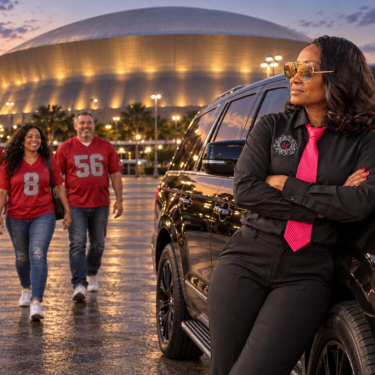 Motorvate chauffeur Monique at the Superdome at dusk with Buccaneers fans
