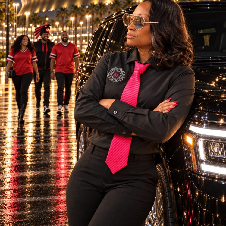 Motorvate chauffeur Monique with the Expedition outside the Caesars Superdome at night, Falcons fans arriving