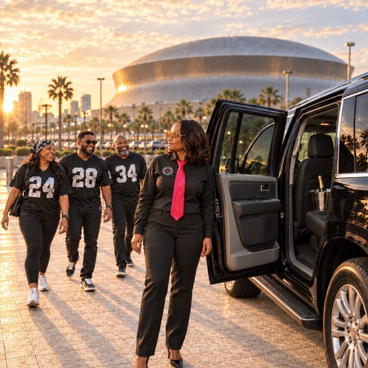 Motorvate chauffeur Monique at the Superdome at sunset with Raiders fans arriving