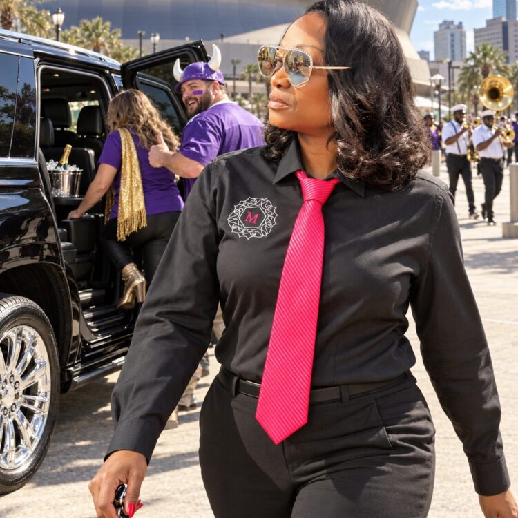 Motorvate chauffeur Monique with the Expedition at the Caesars Superdome, Vikings fans arriving