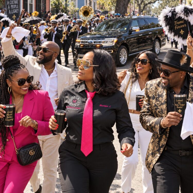 Motorvate chauffeur Monique walking a Treme second line with clients, brass band and the Expedition behind