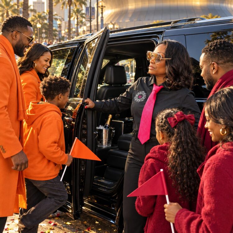 Motorvate chauffeur Monique holding the door for families at the Superdome on New Year's Day
