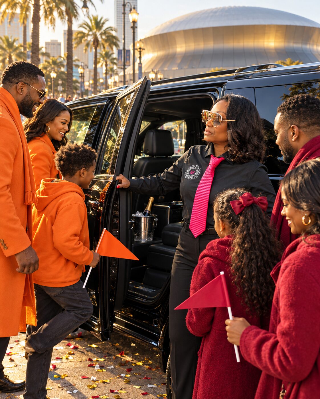 Motorvate chauffeur Monique holding the door for families at the Superdome on New Year's Day