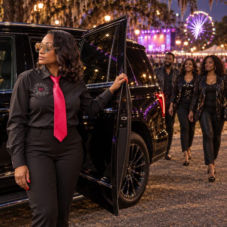 Motorvate chauffeur Monique at City Park at night with festival guests
