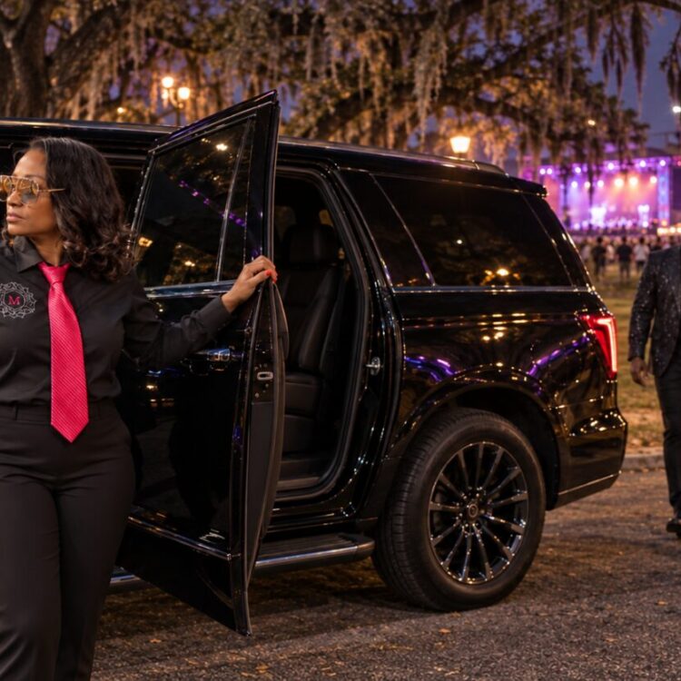 Motorvate chauffeur Monique at City Park at night with festival guests